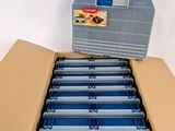 a box with a bunch of blue batteries inside of it