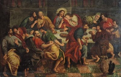 tableau représentant un groupe de personnes assises autour d'une table en train de manger
