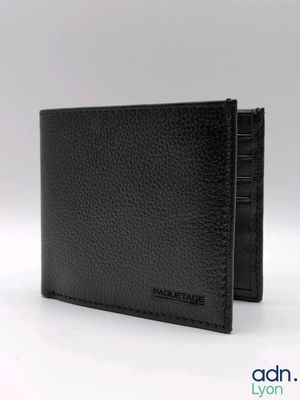 a black leather wallet on a white background