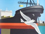 une affiche représentant un oiseau volant au-dessus d'un bateau