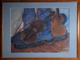 a picture of a painting of a violin and a violin case