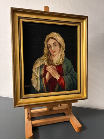 Tapisserie d’Aubusson encadrée « vierge ». Porte une signature à ...