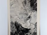 an old black and white drawing of a woman sitting on a rock