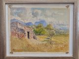 tableau représentant un vieux bâtiment en pierre dans un champ, avec des montagnes en arrière-plan