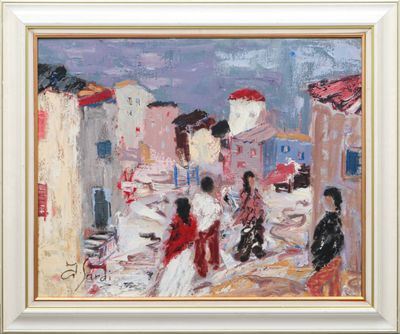 an oil painting of people walking down a street in a town