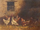 tableau représentant un groupe de poulets dans une cour de ferme, avec une grange en arrière-plan