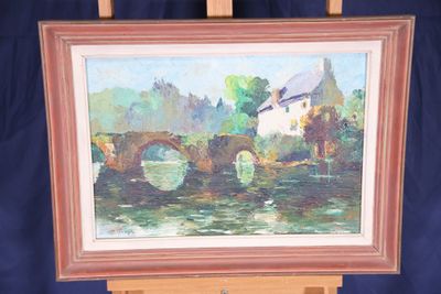 a painting of a bridge over a body of water