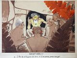 peinture d'un groupe de personnes assises autour d'une table dans une pièce