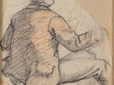 un vieux dessin représentant un homme assis sur une chaise, les jambes croisées