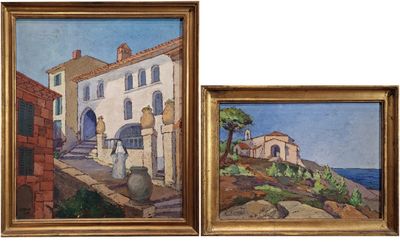 two paintings of a house and a building on a white background
