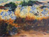 an oil painting of a field of wildflowers with hills in the background