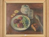 a painting of a bowl of fruit on a table