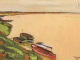 un tableau représentant plusieurs bateaux au bord d'un lac
