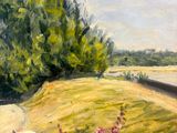 a painting of a train on the tracks near a field