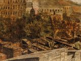 a painting of a train on the tracks in front of a building