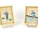pair of miniature paintings of a man and a woman on a log