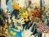 un tableau représentant une table sur laquelle sont disposés des fleurs et des fruits