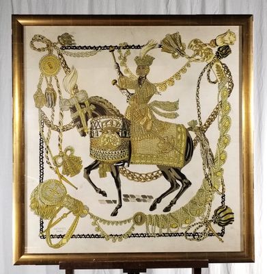 tableau représentant une femme à cheval, avec une chaîne autour du cou
