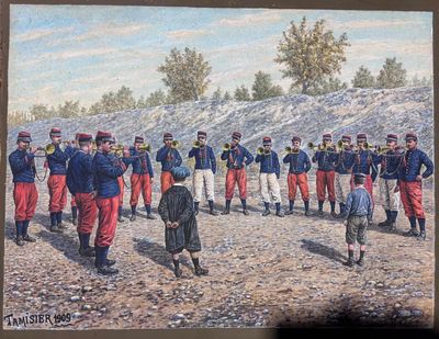 un tableau représentant un groupe d'hommes debout dans un champ