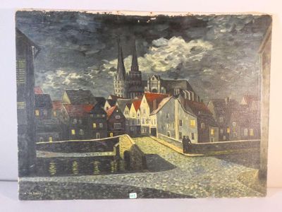 a picture of a painting of a town by the water
