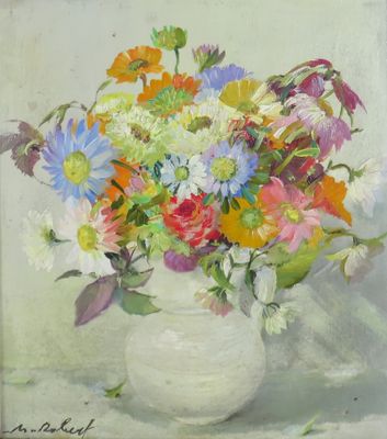 une peinture représentant un vase de fleurs sur une table