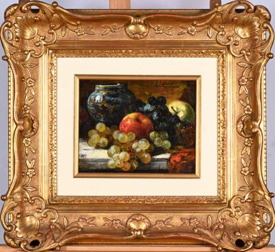painting of a still life of fruit and a vase on a table