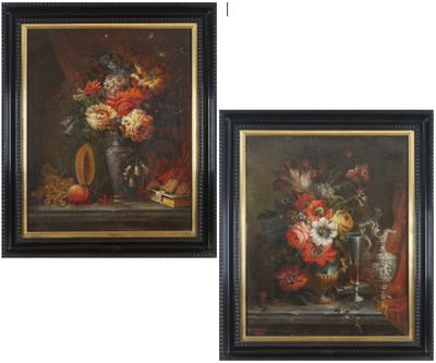 deux tableaux représentant des fleurs dans un vase posé sur une table et un vase rempli de fruits