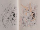 a drawing of a woman laying on a bed next to a drawing of a woman laying on a bed