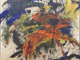 une peinture représentant une peinture abstraite d'une fleur dans un vase