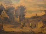 a painting of a man riding a horse in a village