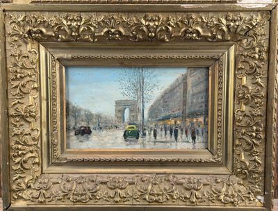 an oil painting of a street scene with people walking down the street