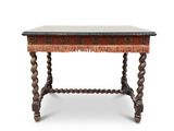 une image représentant une table avec un plateau en verre et des pieds en bois