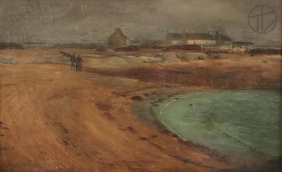 une image représentant un tableau d'un chemin de terre près d'un plan d'eau