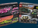 four lego speed cars in a box on a blue background