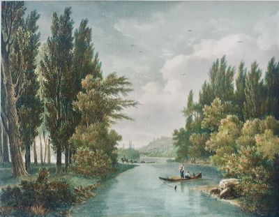 a painting of a man and a woman in a boat on a river