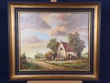 une peinture à l'huile d'une scène de ferme avec une voiture à cheval