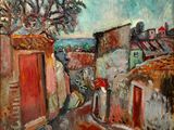 une peinture à l'huile représentant une scène de rue avec des bâtiments et un arbre