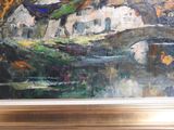 a painting of a bridge over a river with houses in the background