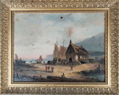 une image d'un tableau représentant un village au bord de l'eau