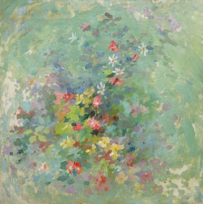 une peinture représentant des fleurs dans un vase sur fond vert