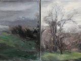 trois tableaux représentant des arbres dans un champ, avec un ciel nuageux en arrière-plan