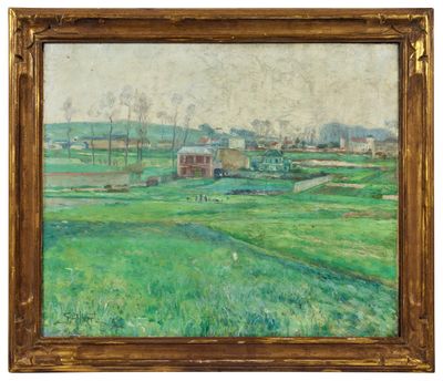 un tableau représentant un champ vert avec une ferme en arrière-plan