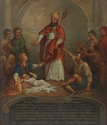 une reproduction d'un tableau représentant un homme vêtu d'une robe rouge penché au-dessus d'un bébé dans un berceau