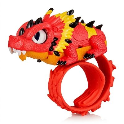 une bague en forme de dragon rouge et jaune, ornée de pointes