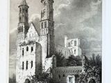 une vieille photo d'une église avec un cheval devant