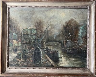 une peinture à l'huile représentant un bateau sur un plan d'eau, avec un pont en arrière-plan