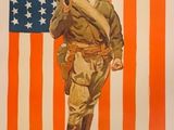 poster of a soldier holding a rifle in front of an american flag