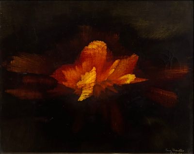 une peinture à l'huile représentant une fleur d'oranger sur fond noir