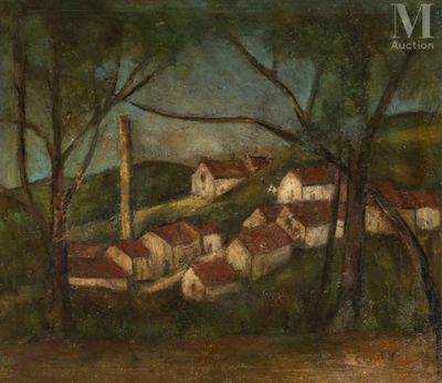 a painting of a village with trees and houses in the background