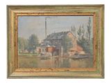 an oil painting of a house and boats on a river